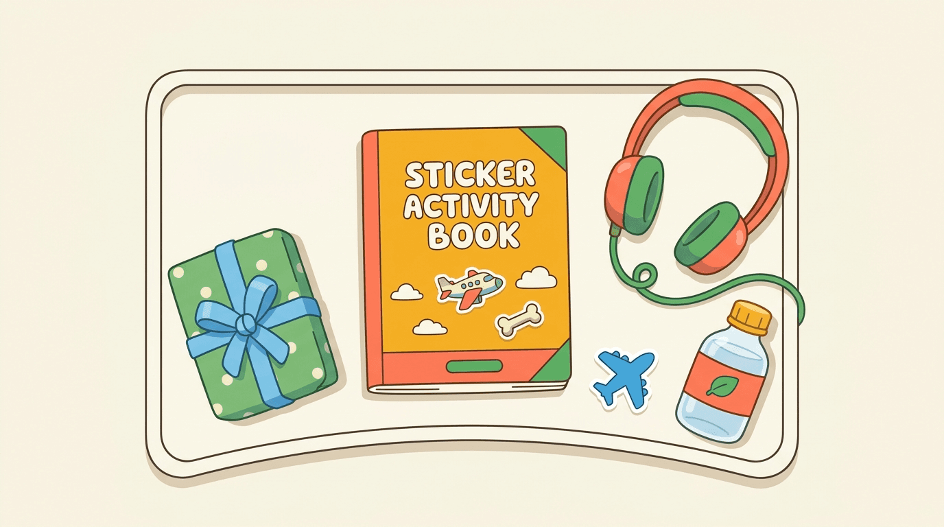 A flat line illustration of a plane tray-table with a sticker book, headphones and a wrapped surprise