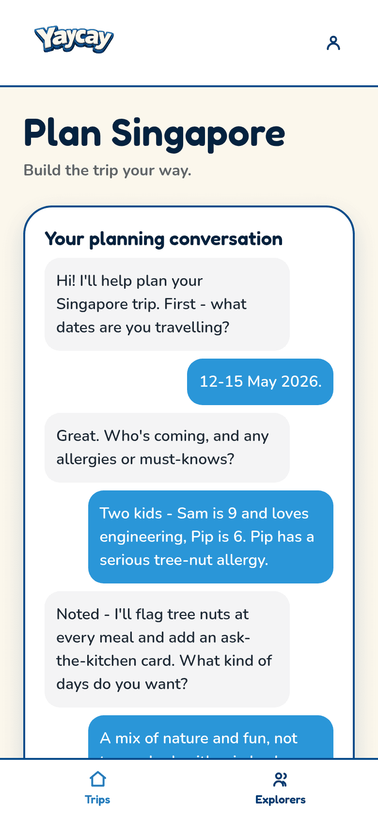 The Yaycay chat asking where, when and who is coming, with the Walkers answering ages and a tree-nut allergy