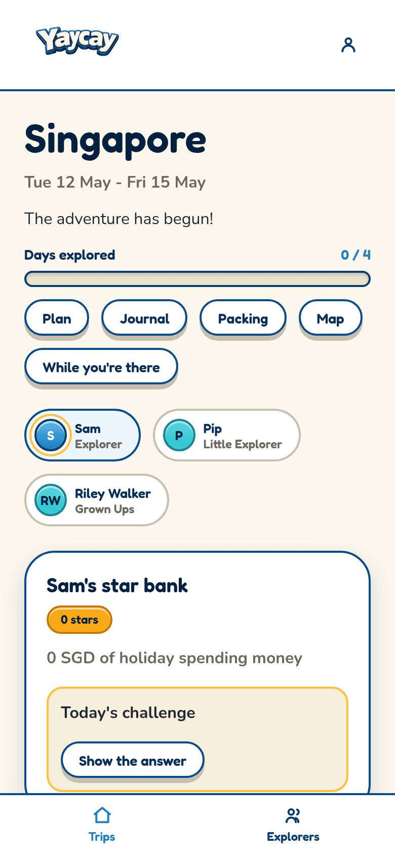 A full day-by-day Singapore itinerary view, each day showing per-child adventures, an allergy-flagged meal and a weather contingency
