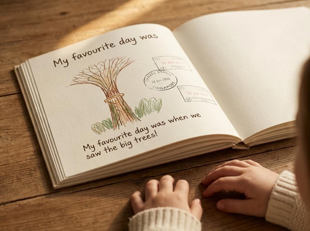 A printed keepsake memory book open to a child's illustrated journal page from the trip
