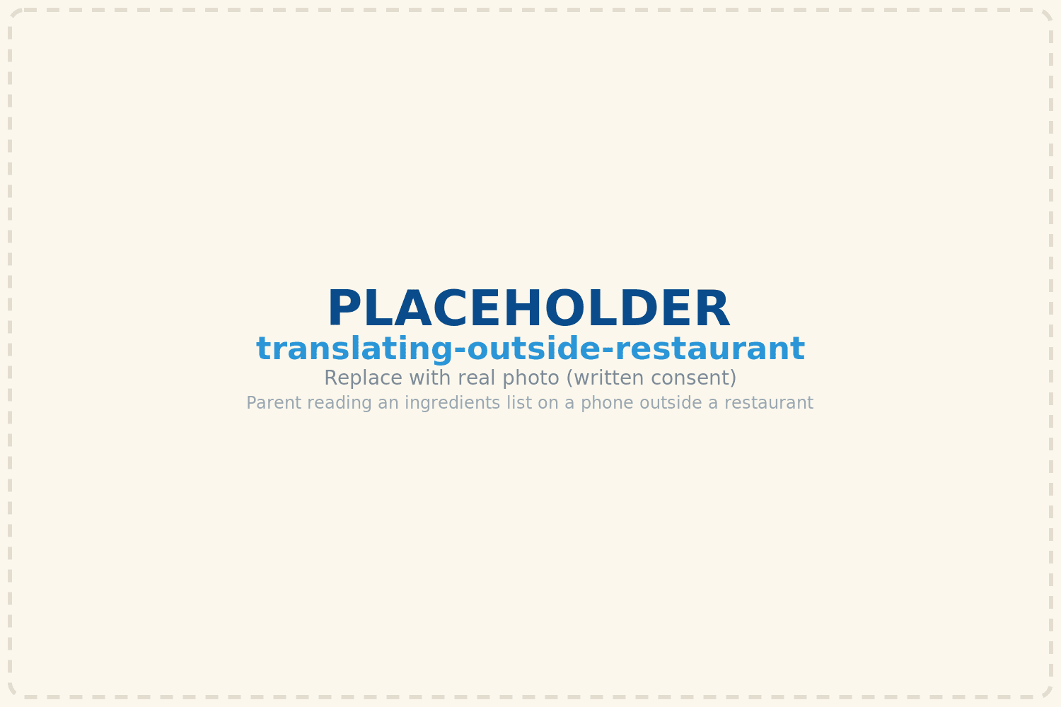 A parent outside a restaurant on holiday translating an ingredients list on a phone while the family waits