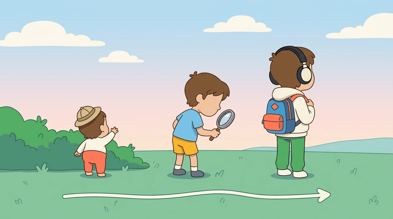 Flat illustration of one child growing across the three explorer bands, Little to Explorer to Big Explorer