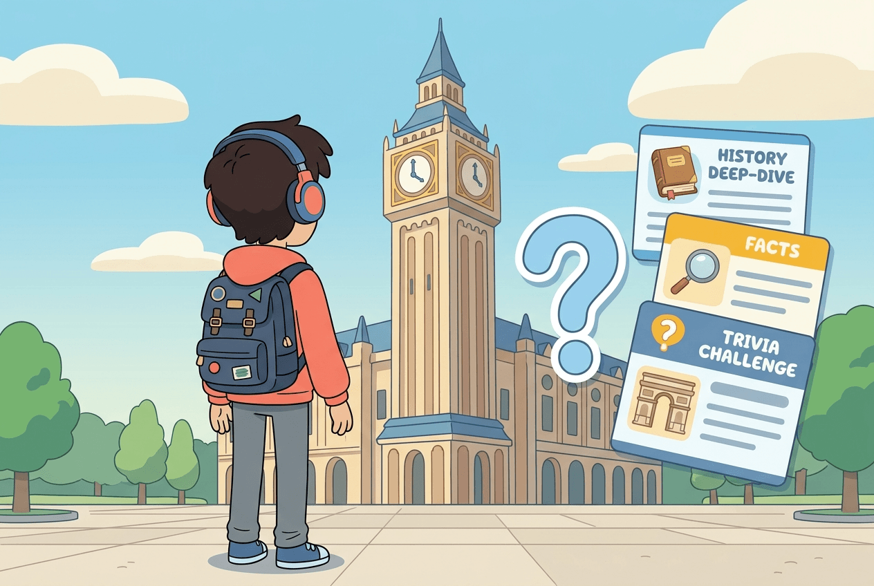 Flat illustration of a Big Explorer: an older kid with headphones and backpack at a complex landmark, a quiz and deep-dive motif
