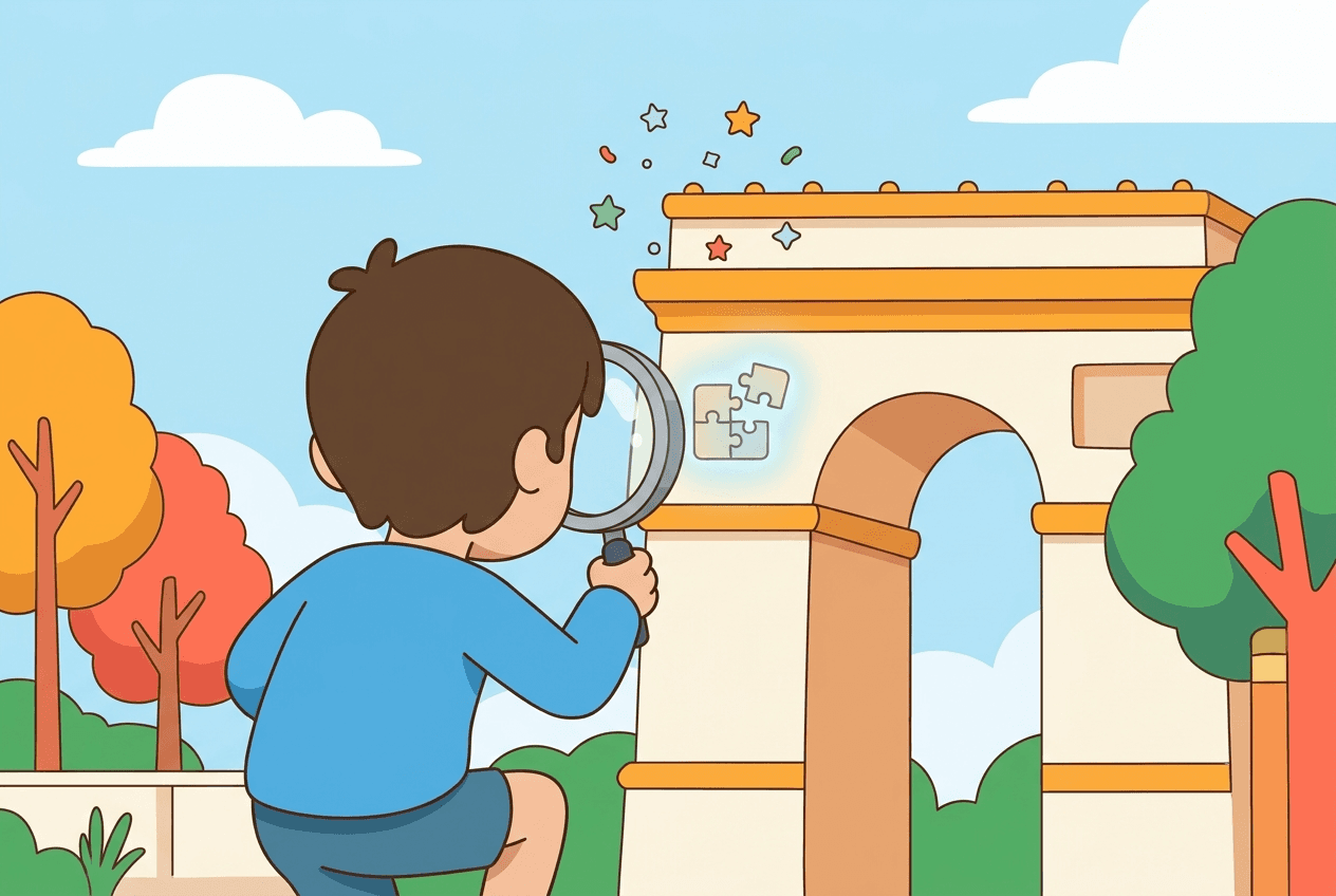 Flat illustration of an Explorer: a curious child with a magnifying glass solving a puzzle at a landmark, a star streak above