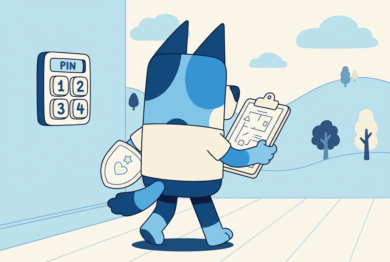 Flat illustration of the Grown-ups command centre: a parent holding the plan with a shield and a PIN keypad