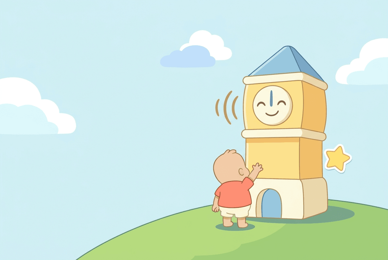 Flat illustration of a Little Explorer: a small child reaching up to a friendly landmark, with read-aloud sound waves and a sticker star