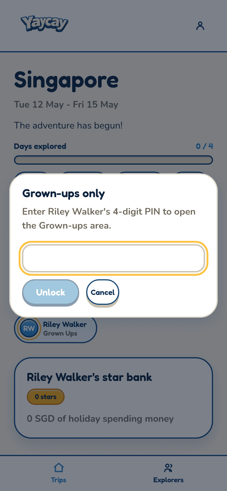 The four-digit PIN screen that unlocks the Grown-ups view