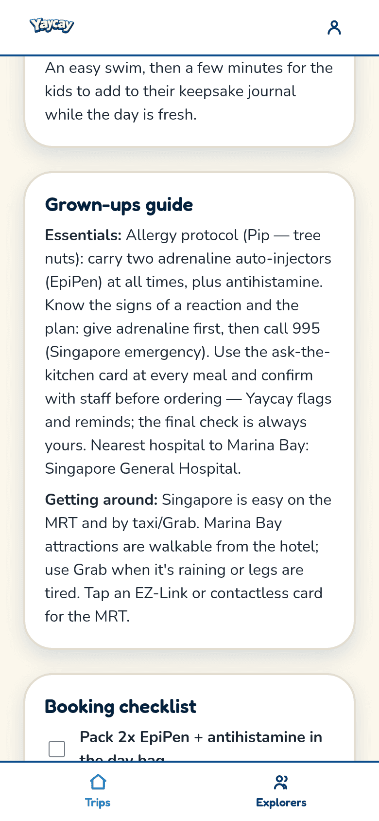 The Grown-ups command centre view: bookings, logistics, the full allergy and EpiPen protocol and the checklist, all behind a PIN
