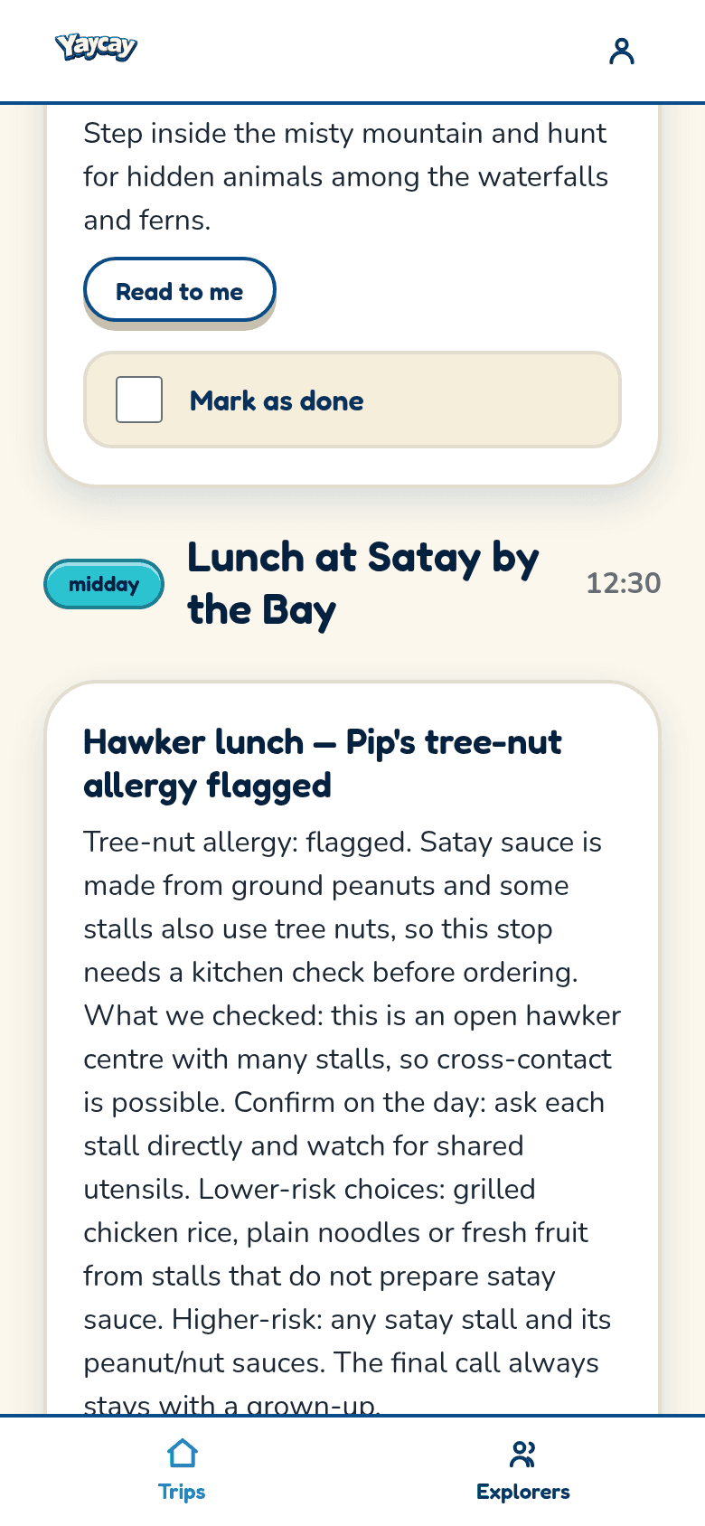 An allergy-checked meal suggestion card flagging tree-nut risk, with what was checked and what to confirm on the day