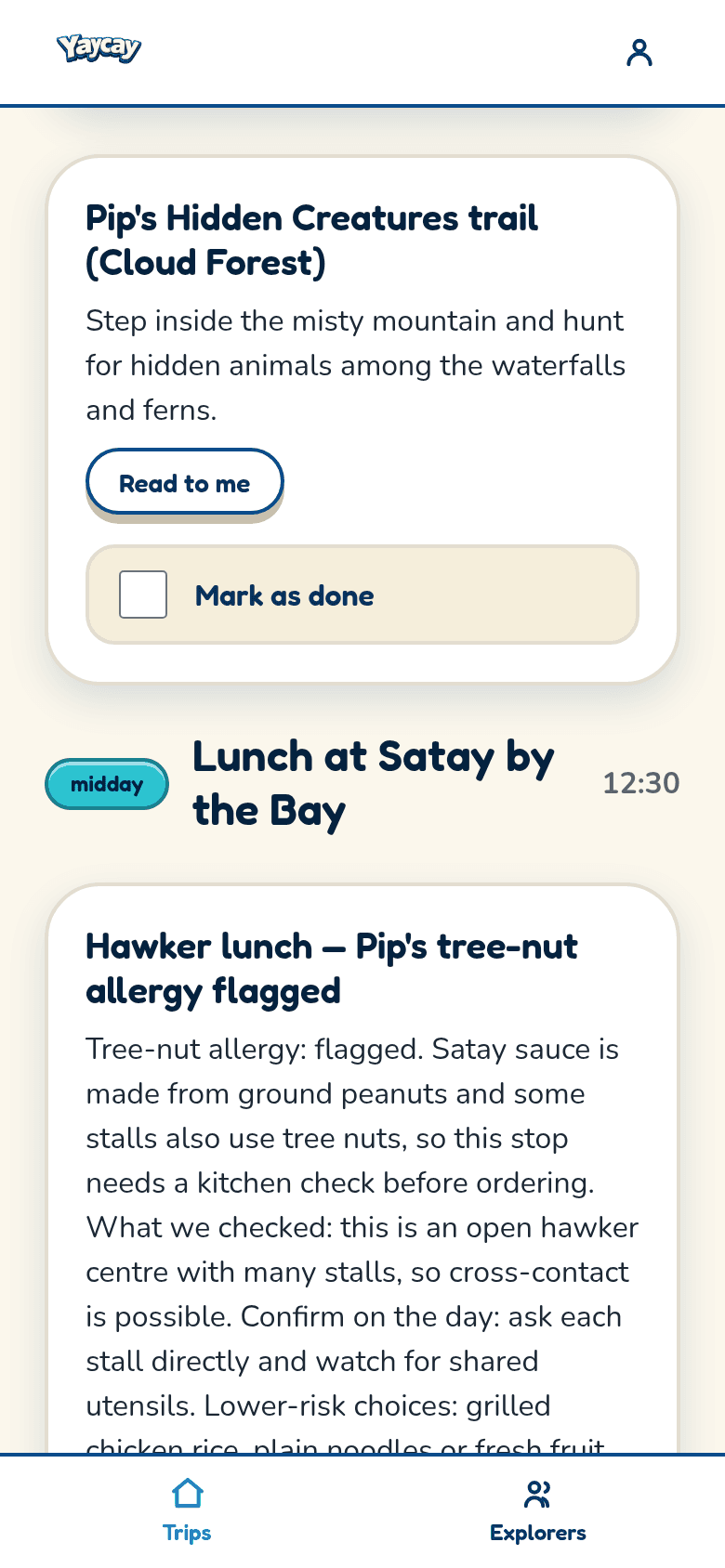 A cropped view of the Walkers' sample free day, showing the allergy-vetted lunch card with its reasoning