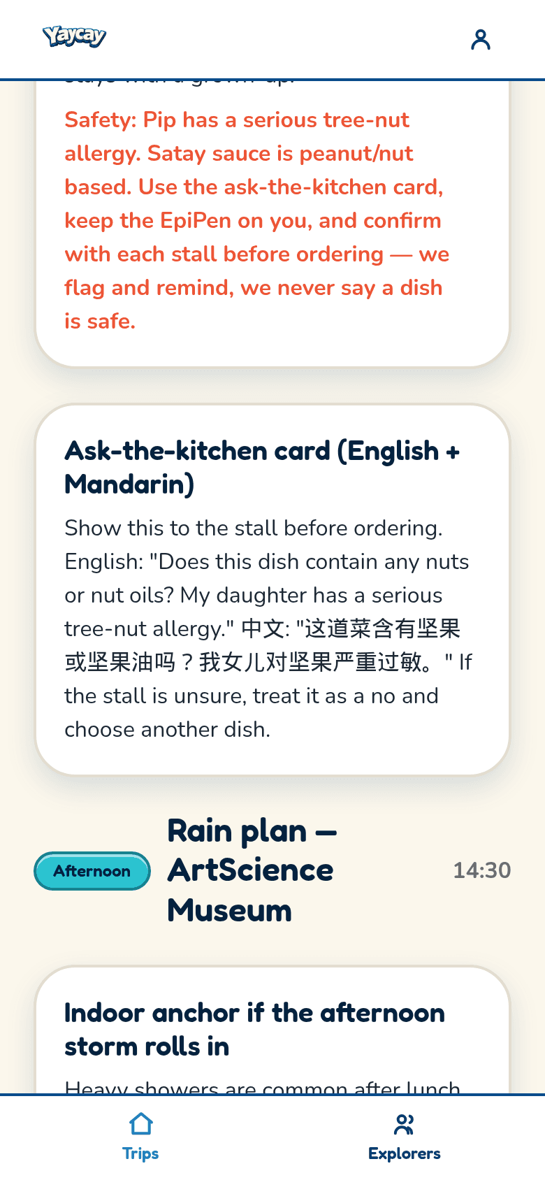 The ask-the-kitchen card: a tree-nut allergy question shown in English and Mandarin to show staff at the counter